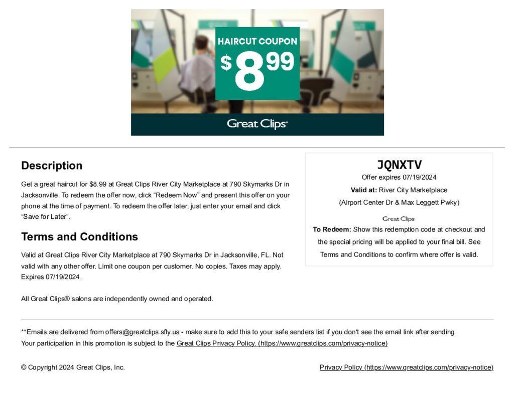 Example Of Printed $8.99 Great Clips Coupon